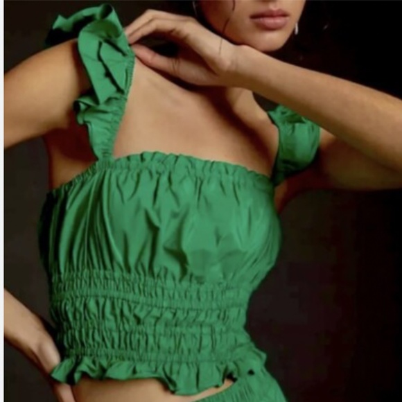 Anthropologie Maeve Smocked Cropped Taffeta Kelly Green Tank  Size 6 - Picture 1 of 5